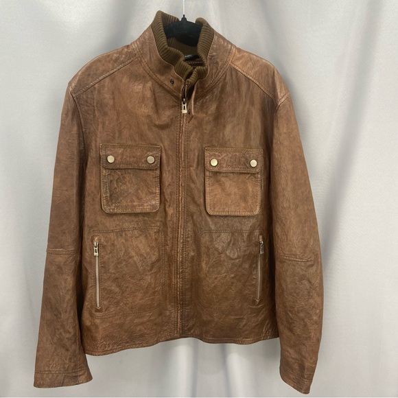 Hugo Boss Other - Hugo Boss Brown Lamb Leather Jacket Size 44R Military Bomber